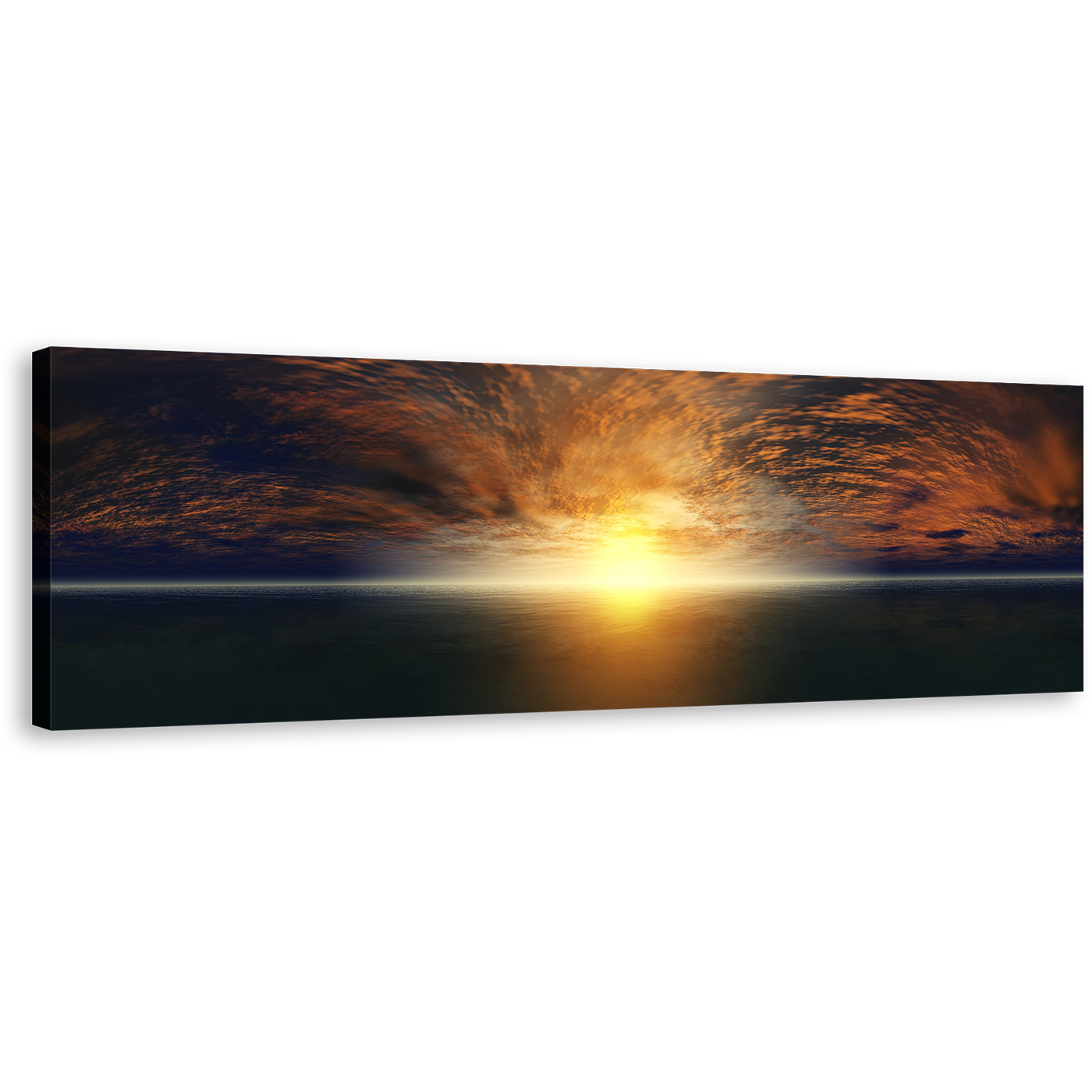 Dramatic Clouds Canvas Print, Yellow Sunset Ocean Panorama Canvas Wall Art, Blue Sky Ocean Wide Canvas