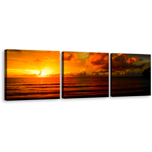 Dramatic Clouds Canvas Wall Art, Beautiful Orange Ocean Sky 3 Piece Canvas Print, Thailand Yellow Sunset Ocean Multiple Canvas