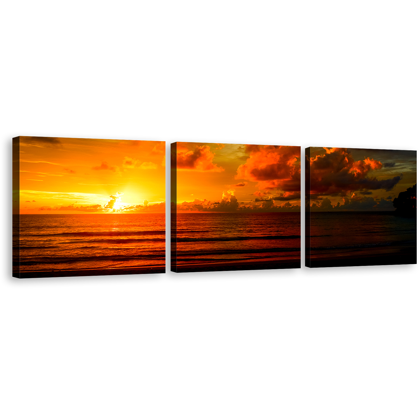 Dramatic Clouds Canvas Wall Art, Beautiful Orange Ocean Sky 3 Piece Canvas Print, Thailand Yellow Sunset Ocean Multiple Canvas