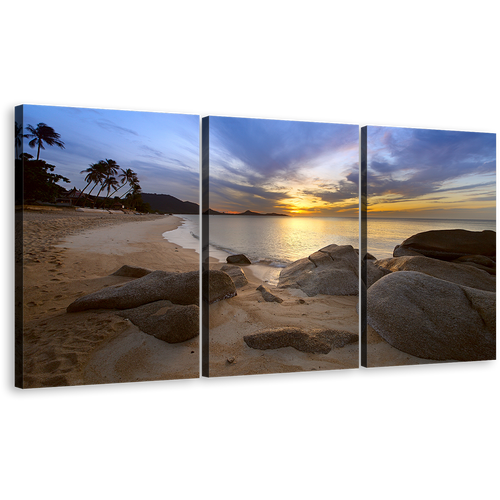 Dramatic Clouds Canvas Wall Art, Blue Sea Ocean Rocks 3 Piece Canvas Artwork, Brown Stony Beach Ocean Canvas Print