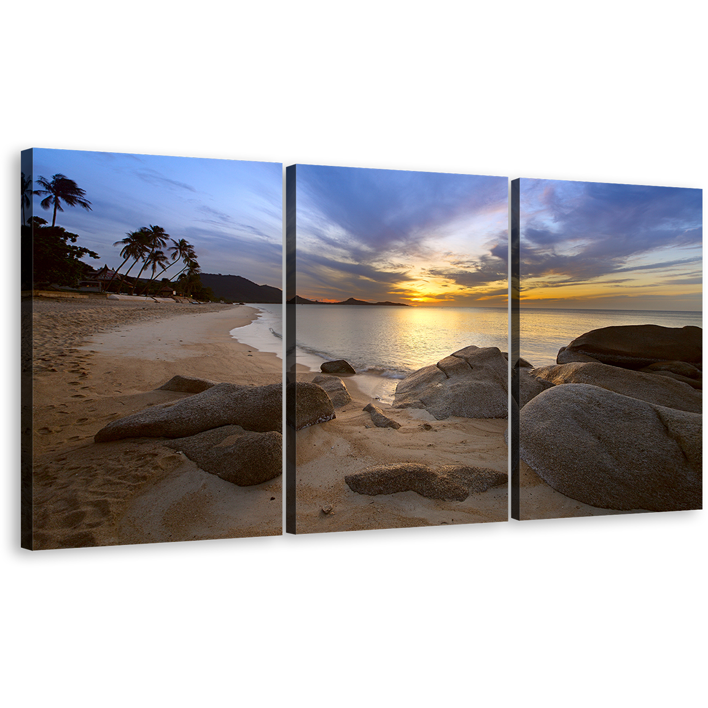 Dramatic Clouds Canvas Wall Art, Blue Sea Ocean Rocks 3 Piece Canvas Artwork, Brown Stony Beach Ocean Canvas Print