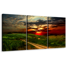 Load image into Gallery viewer, Dramatic Clouds Canvas Wall Art, Green Country Road Scenery 3 Piece Canvas Print, Red Yellow Road Hill Sunset Triptych Canvas Set
