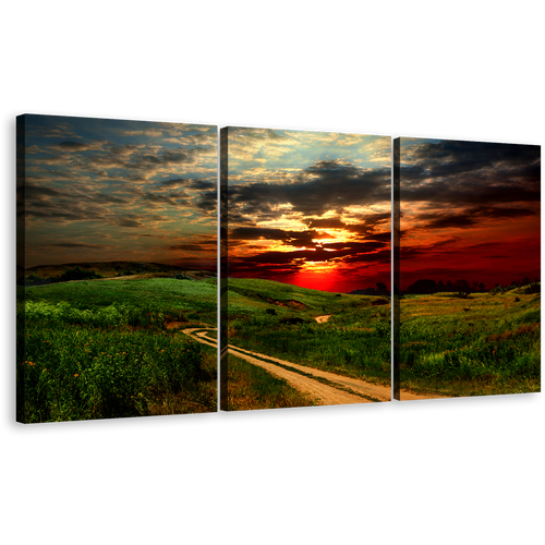 Dramatic Clouds Canvas Wall Art, Green Country Road Scenery 3 Piece Canvas Print, Red Yellow Road Hill Sunset Triptych Canvas Set