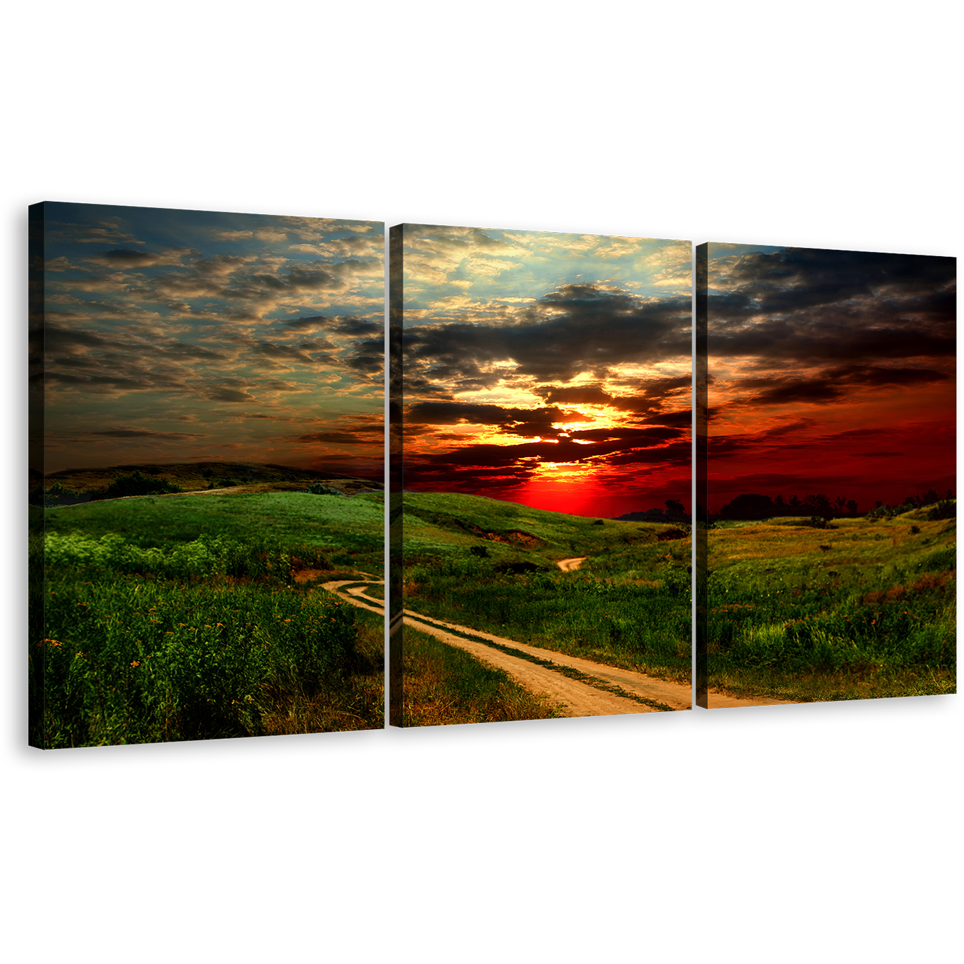 Dramatic Clouds Canvas Wall Art, Green Country Road Scenery 3 Piece Canvas Print, Red Yellow Road Hill Sunset Triptych Canvas Set