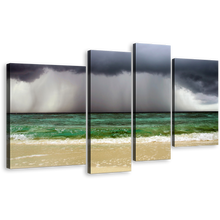 Load image into Gallery viewer, Dramatic Clouds Canvas Wall Art, Grey Ocean Sky 4 Piece Canvas Print, Sea Green Waves Sand Beach Multi Canvas
