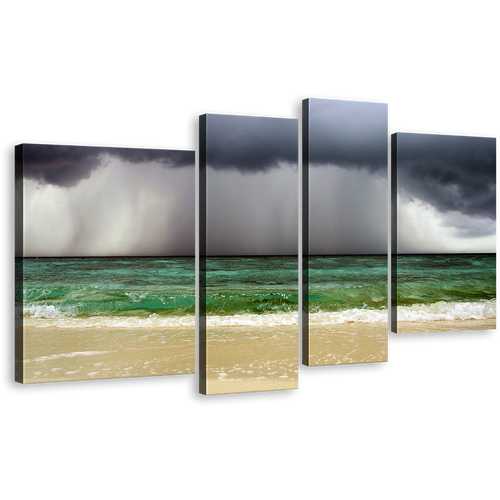 Dramatic Clouds Canvas Wall Art, Grey Ocean Sky 4 Piece Canvas Print, Sea Green Waves Sand Beach Multi Canvas