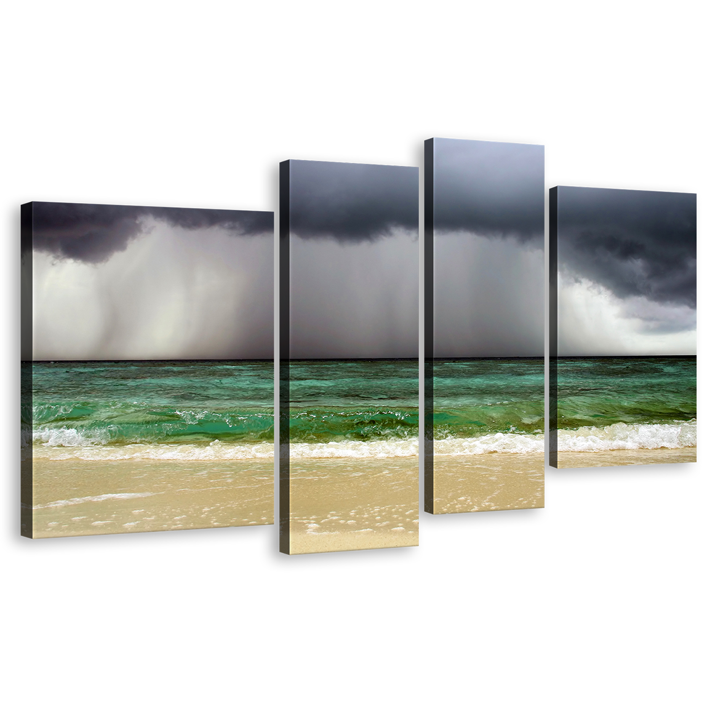 Dramatic Clouds Canvas Wall Art, Grey Ocean Sky 4 Piece Canvas Print, Sea Green Waves Sand Beach Multi Canvas