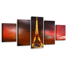 Load image into Gallery viewer, Dramatic Clouds Canvas Wall Art, Grey Red Cloudy Sky Cityscape 5 Piece Split Canvas, Paris Yellow Eiffel Tower Canvas Print
