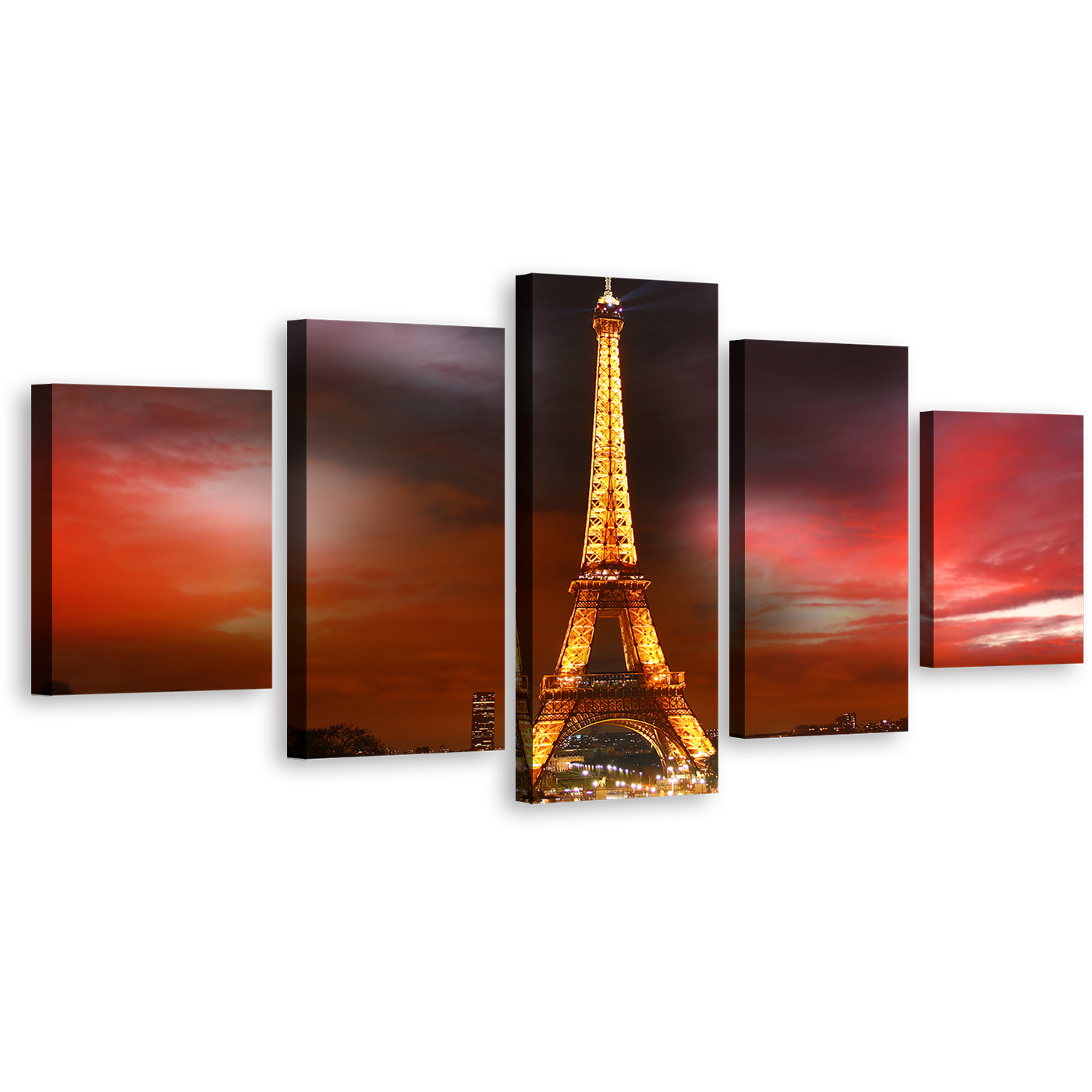 Dramatic Clouds Canvas Wall Art, Grey Red Cloudy Sky Cityscape 5 Piece Split Canvas, Paris Yellow Eiffel Tower Canvas Print