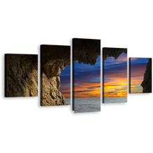 Load image into Gallery viewer, Dramatic Clouds Canvas Wall Art, Orange Blue Sky Ocean Arches 5 Piece Canvas Print, Brown Cave Ocean Mountain Canvas Set
