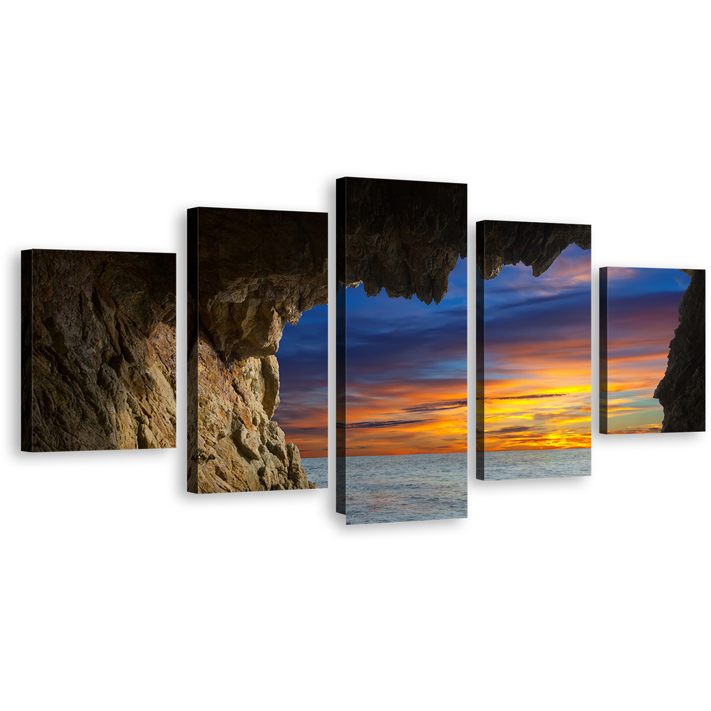 Dramatic Clouds Canvas Wall Art, Orange Blue Sky Ocean Arches 5 Piece Canvas Print, Brown Cave Ocean Mountain Canvas Set