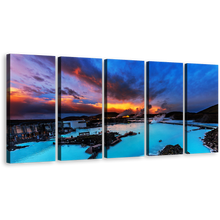 Load image into Gallery viewer, Dramatic Clouds Canvas Wall Art, Orange Sunset Sky Ocean Mountains Canvas Print, Blue Lagoon Iceland Seascape 5 Piece Canvas
