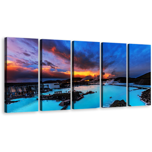 Dramatic Clouds Canvas Wall Art, Orange Sunset Sky Ocean Mountains Canvas Print, Blue Lagoon Iceland Seascape 5 Piece Canvas