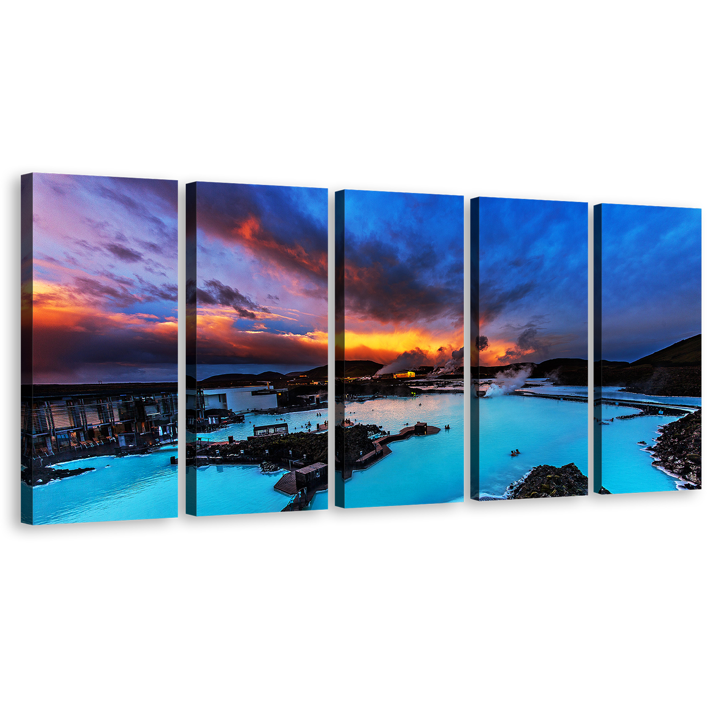 Dramatic Clouds Canvas Wall Art, Orange Sunset Sky Ocean Mountains Canvas Print, Blue Lagoon Iceland Seascape 5 Piece Canvas