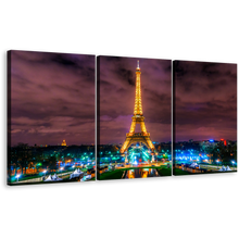 Load image into Gallery viewer, Dramatic Clouds Canvas Wall Art, Paris Green Blue City Lights Triptych Canvas Set, Yellow Eiffel Tower 3 Piece Canvas Print
