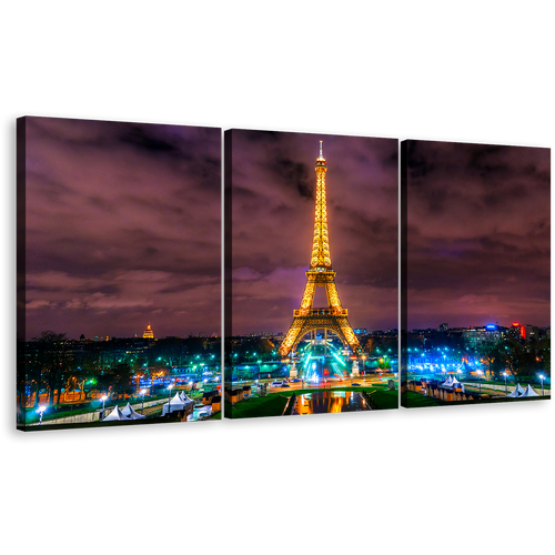 Dramatic Clouds Canvas Wall Art, Paris Green Blue City Lights Triptych Canvas Set, Yellow Eiffel Tower 3 Piece Canvas Print