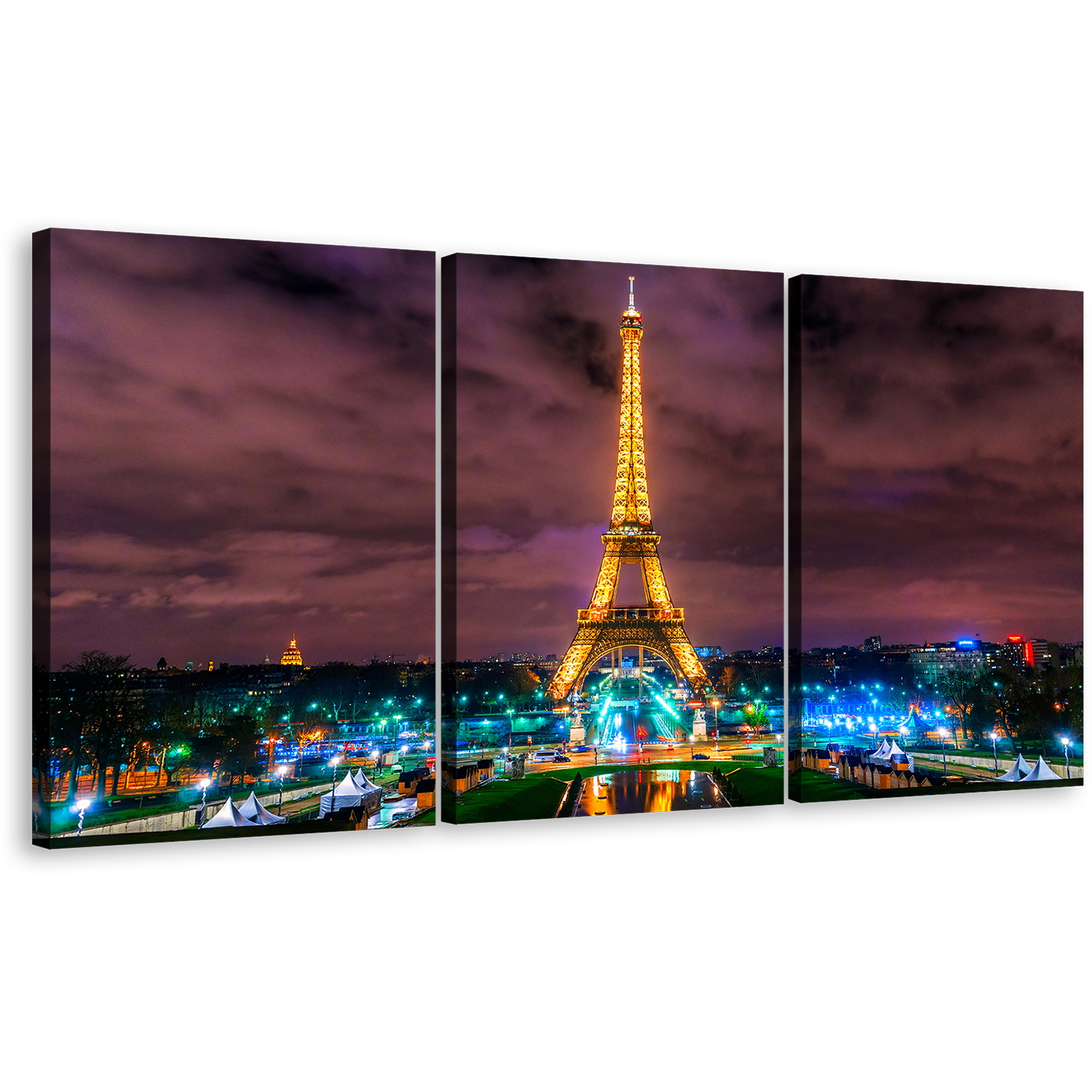 Dramatic Clouds Canvas Wall Art, Paris Green Blue City Lights Triptych Canvas Set, Yellow Eiffel Tower 3 Piece Canvas Print