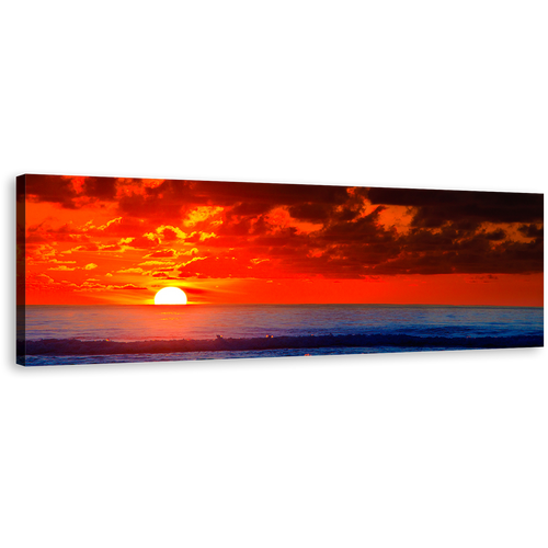 Dramatic Clouds Canvas Wall Art, Red Sky Ocean 1 Piece Canvas Print, Blue Ocean Waves Wide Canvas