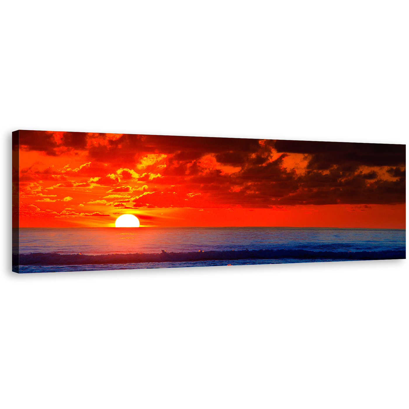 Dramatic Clouds Canvas Wall Art, Red Sky Ocean 1 Piece Canvas Print, Blue Ocean Waves Wide Canvas