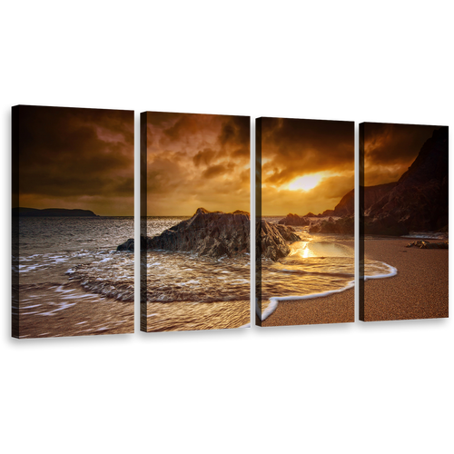 Dramatic Clouds Canvas Wall Art, South Devon Brown Ocean Beach Canvas Set, Yellow Salcombe Sun Beach Rocks 4 Piece Canvas Print