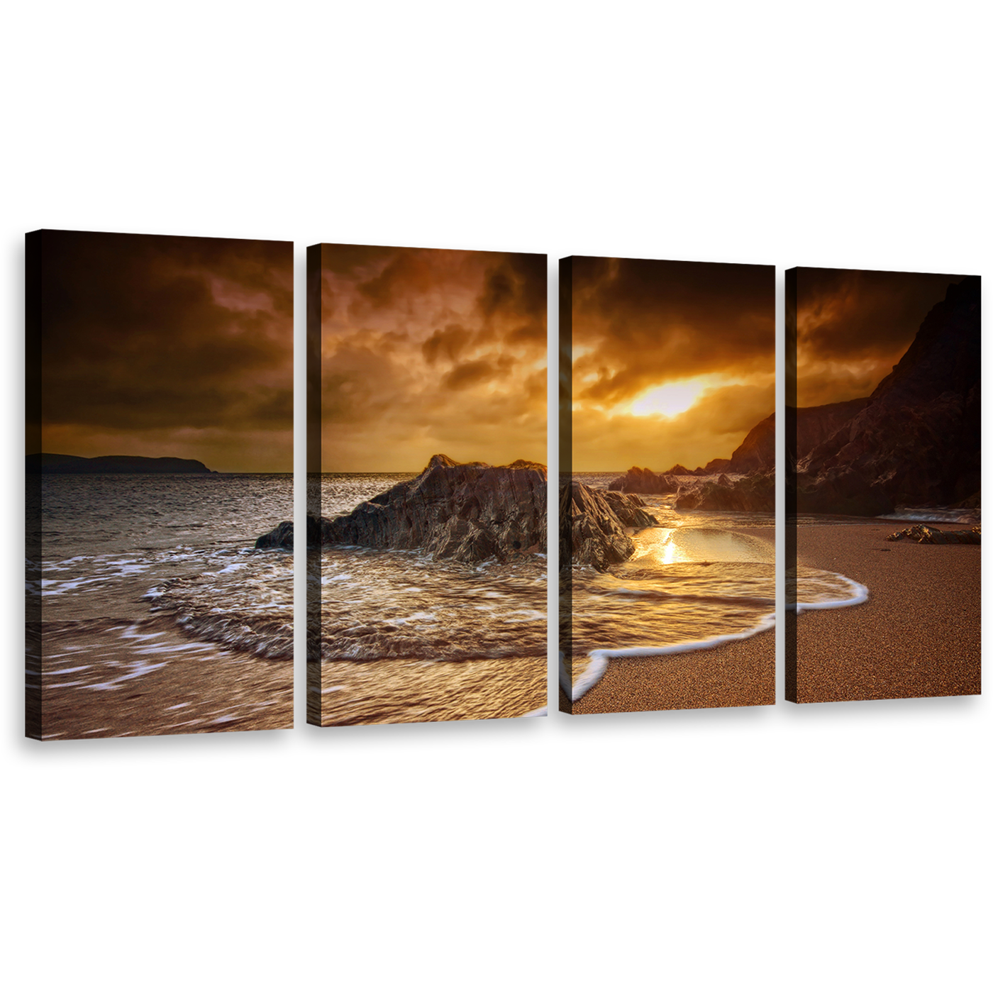 Dramatic Clouds Canvas Wall Art, South Devon Brown Ocean Beach Canvas Set, Yellow Salcombe Sun Beach Rocks 4 Piece Canvas Print