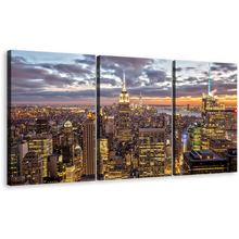 Load image into Gallery viewer, Dramatic Clouds Canvas Wall Art, Yellow Grey Sky Cityscape 3 Piece Canvas, New York City Skyline Triptych Canvas Print, Empire State Building Canvas Set
