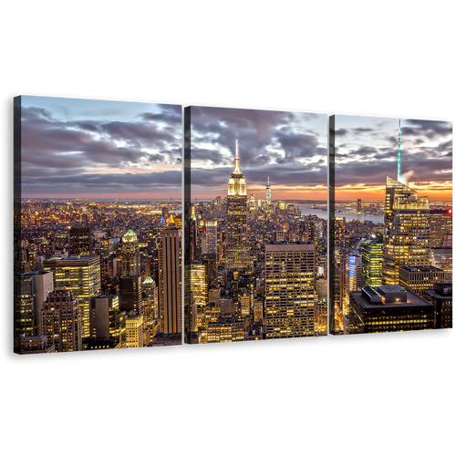 Dramatic Clouds Canvas Wall Art, Yellow Grey Sky Cityscape 3 Piece Canvas, New York City Skyline Triptych Canvas Print, Empire State Building Canvas Set