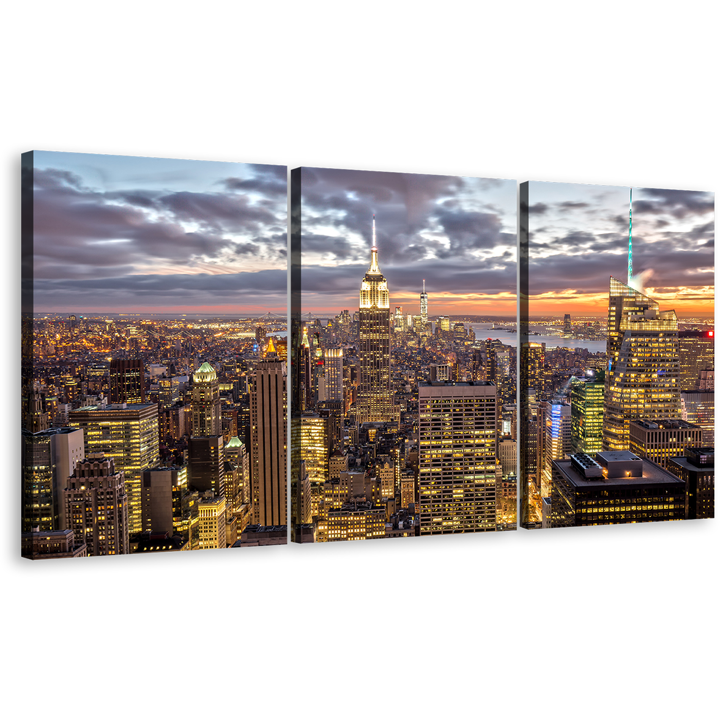 Dramatic Clouds Canvas Wall Art, Yellow Grey Sky Cityscape 3 Piece Canvas, New York City Skyline Triptych Canvas Print, Empire State Building Canvas Set