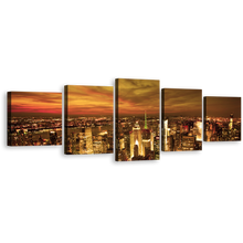 Load image into Gallery viewer, Dramatic Clouds Wall Art, Beautiful Yellow Sunset Sky 5 Piece Multi Canvas, Brown New York City Skyline Canvas Print
