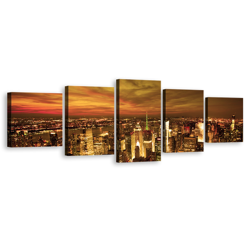 Dramatic Clouds Wall Art, Beautiful Yellow Sunset Sky 5 Piece Multi Canvas, Brown New York City Skyline Canvas Print