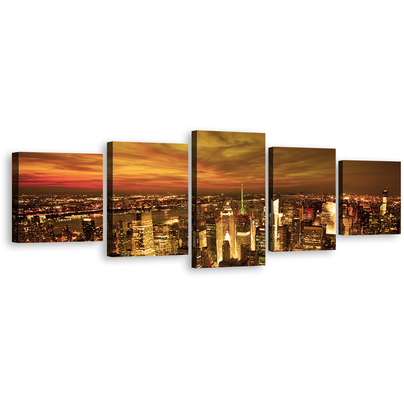 Dramatic Clouds Wall Art, Beautiful Yellow Sunset Sky 5 Piece Multi Canvas, Brown New York City Skyline Canvas Print