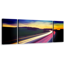 Load image into Gallery viewer, Dramatic Clouds Wall Art, Blue Sky Light Trail Canvas Set, Moving Red Yellow Car Lights 3 Piece Canvas Print
