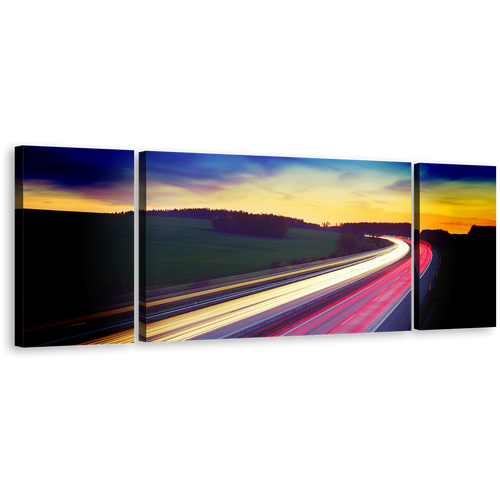 Dramatic Clouds Wall Art, Blue Sky Light Trail Canvas Set, Moving Red Yellow Car Lights 3 Piece Canvas Print