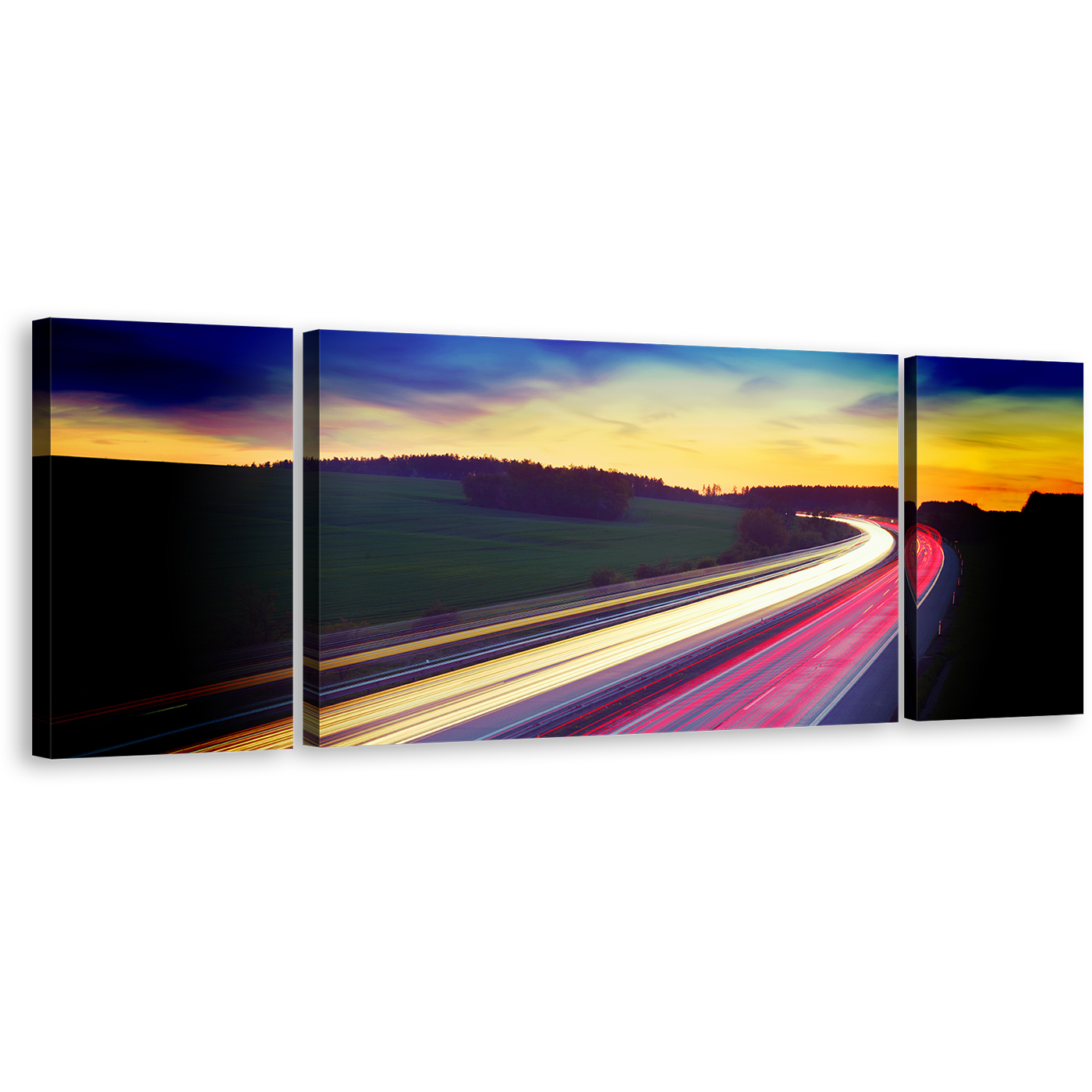 Dramatic Clouds Wall Art, Blue Sky Light Trail Canvas Set, Moving Red Yellow Car Lights 3 Piece Canvas Print