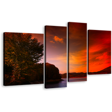 Load image into Gallery viewer, Dramatic Clouds Wall Art, Evening Red Cloudy Sky Landscape 4 Piece Canvas Print, Green Trees Mountain River Multi Canvas
