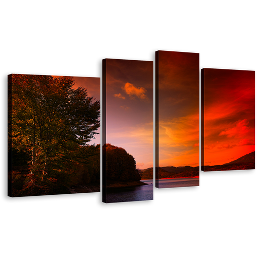 Dramatic Clouds Wall Art, Evening Red Cloudy Sky Landscape 4 Piece Canvas Print, Green Trees Mountain River Multi Canvas