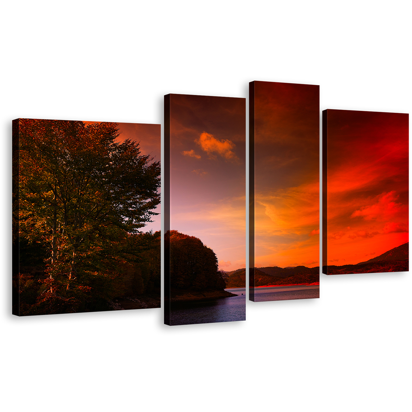 Dramatic Clouds Wall Art, Evening Red Cloudy Sky Landscape 4 Piece Canvas Print, Green Trees Mountain River Multi Canvas