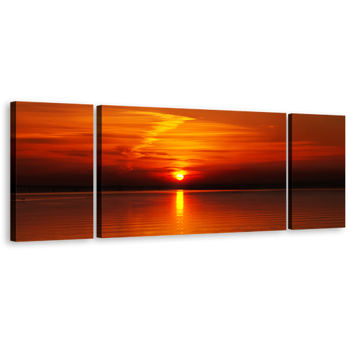 Dramatic Clouds Wall Art, Orange Ocean Sky 3 Piece Canvas Set, Cloudy Red Seascape Reflection Canvas Print