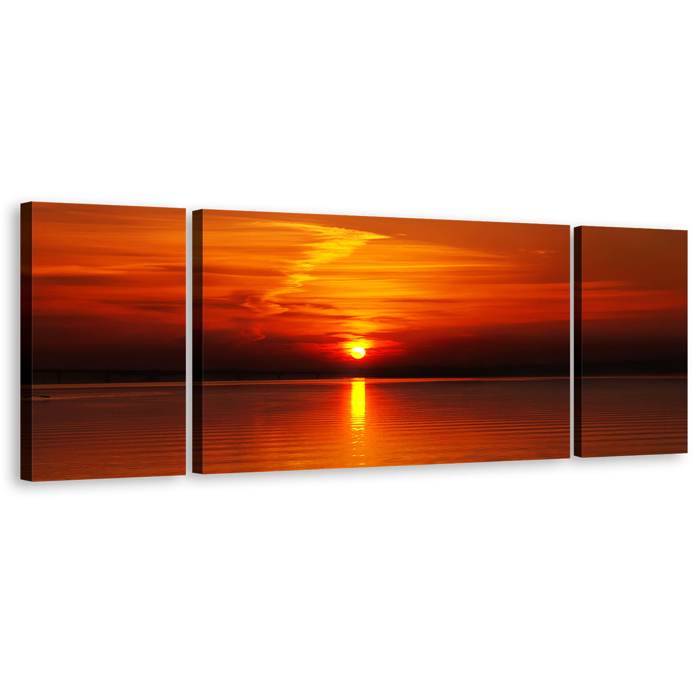 Dramatic Clouds Wall Art, Orange Ocean Sky 3 Piece Canvas Set, Cloudy Red Seascape Reflection Canvas Print