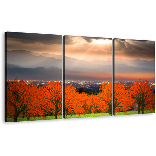 Dramatic Clouds Wall Art, Orange Sunset Grey Sky Canvas Print, Beautiful City light Landscape 3 Piece Multi Canvas