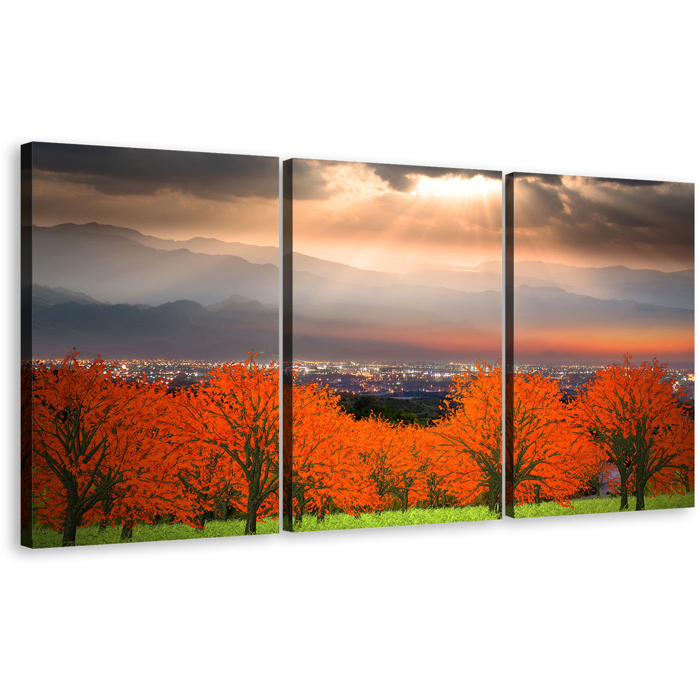 Dramatic Clouds Wall Art, Orange Sunset Grey Sky Canvas Print, Beautiful City light Landscape 3 Piece Multi Canvas