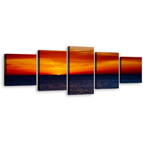 Dramatic Clouds Wall Art, Red Orange Ocean Sky Canvas Set, Beautiful Coast Of The Seascape Sunset Sky 5 Piece Canvas Print