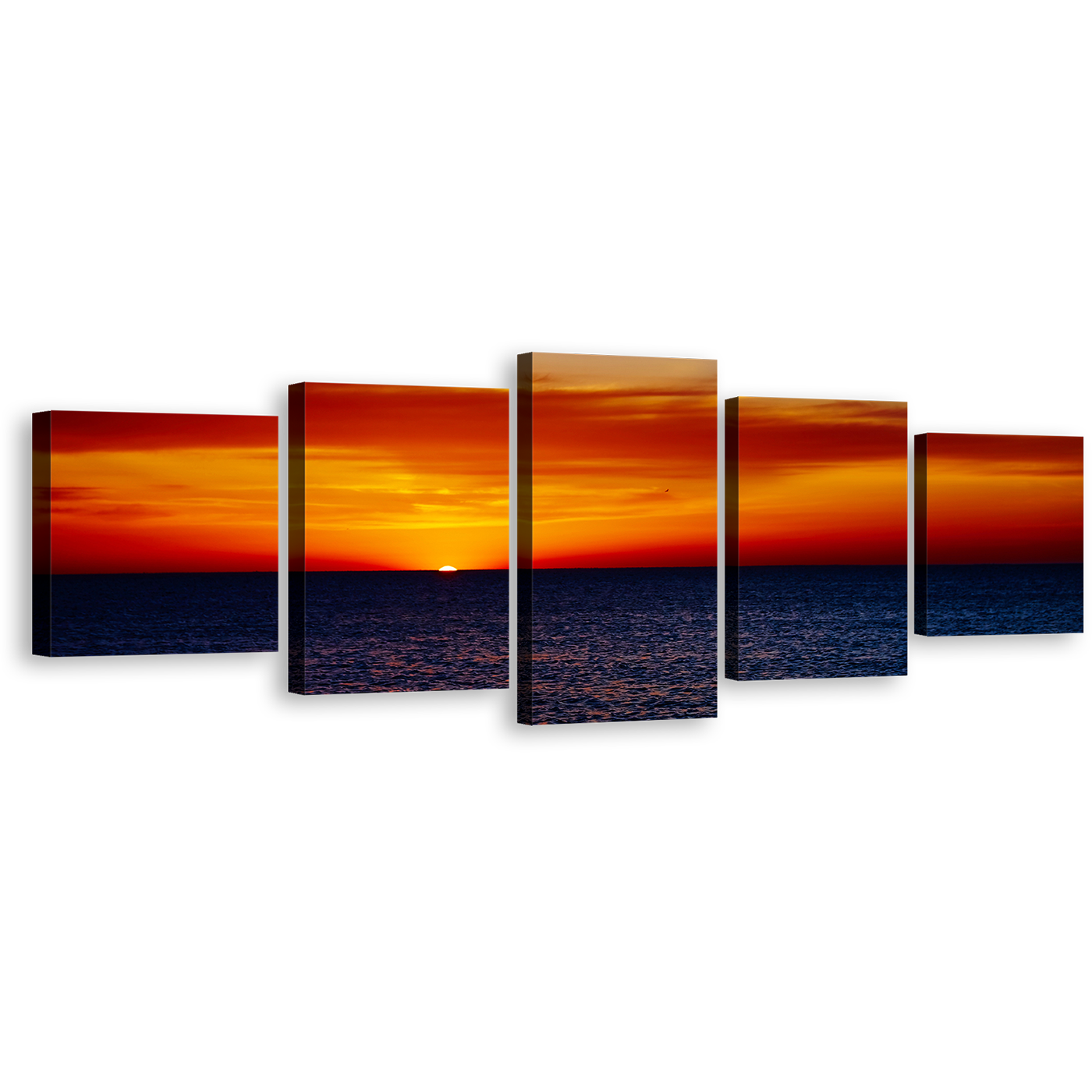 Dramatic Clouds Wall Art, Red Orange Ocean Sky Canvas Set, Beautiful Coast Of The Seascape Sunset Sky 5 Piece Canvas Print