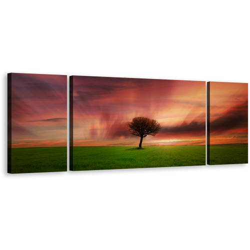 Dramatic Dawn Canvas Wall Art, Red Alone Tree 3 Piece Canvas Print, Beautiful Orange Sky Green Fields Multiple Canvas