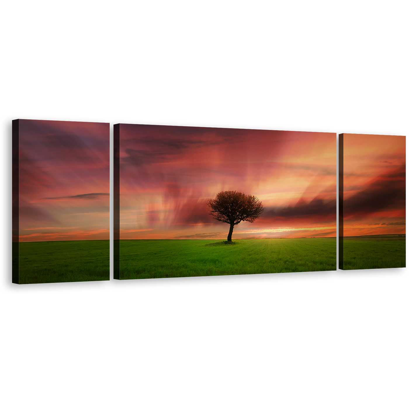 Dramatic Dawn Canvas Wall Art, Red Alone Tree 3 Piece Canvas Print, Beautiful Orange Sky Green Fields Multiple Canvas