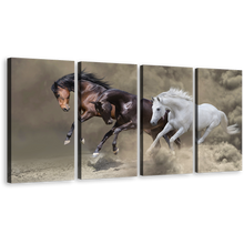 Load image into Gallery viewer, Dramatic Horses Canvas Wall Art, Dramatic Horses 4 Piece Canvas Print, Brown White Black Fast Horses Canvas Set
