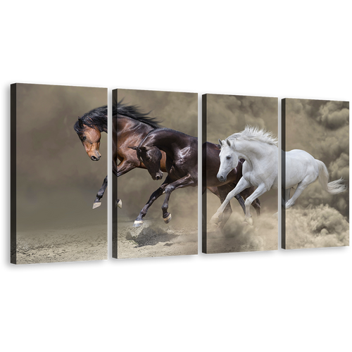 Dramatic Horses Canvas Wall Art, Dramatic Horses 4 Piece Canvas Print, Brown White Black Fast Horses Canvas Set