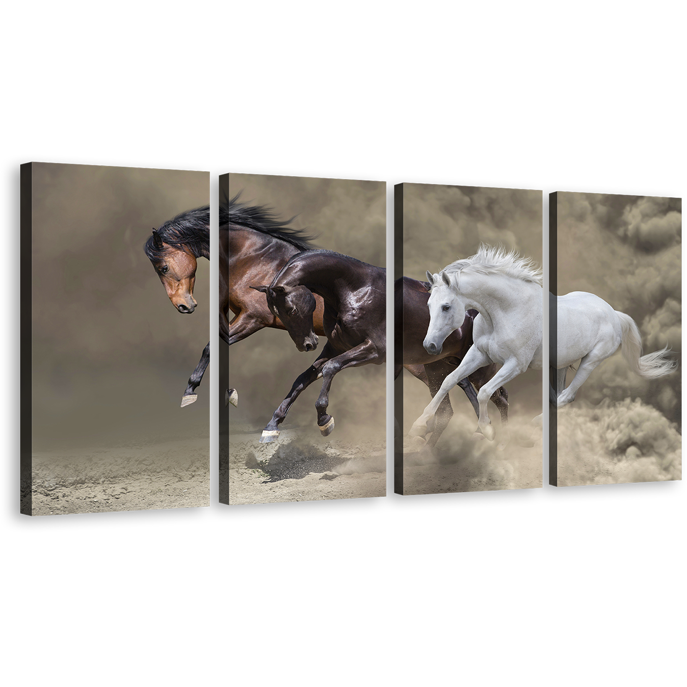 Dramatic Horses Canvas Wall Art, Dramatic Horses 4 Piece Canvas Print, Brown White Black Fast Horses Canvas Set