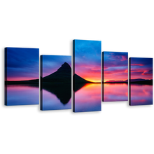 Load image into Gallery viewer, Dramatic Iceland Canvas Wall Art, Europe Ocean Mountains 5 Piece Canvas Set, Snaefellsnes Peninsula Canvas Print, Kirkjufell Volcano Blue Orange Sunset Multiple Canvas
