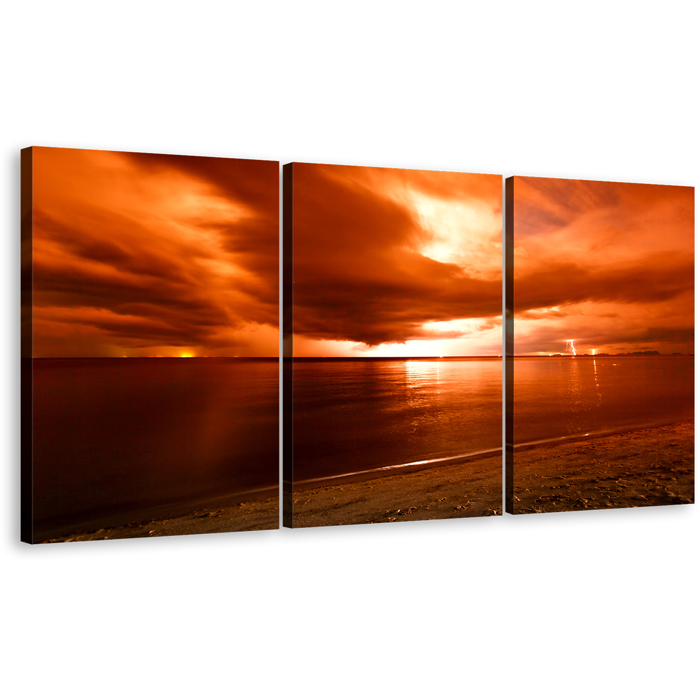 Dramatic Ocean Canvas Print, Orange Yellow Cloudy Sea 3 Piece Canvas Wall Art, Thailand Ocean Canvas Set